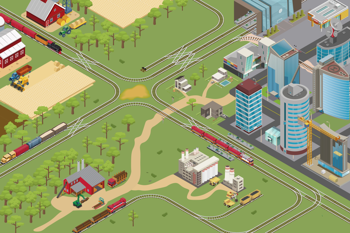 Lona vinílica Ciudad con trenes didáctica infantil enrollable